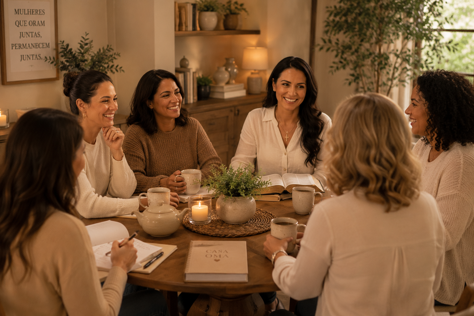 Mulheres reunidas à mesa da CASA OMA, em oração e comunhão