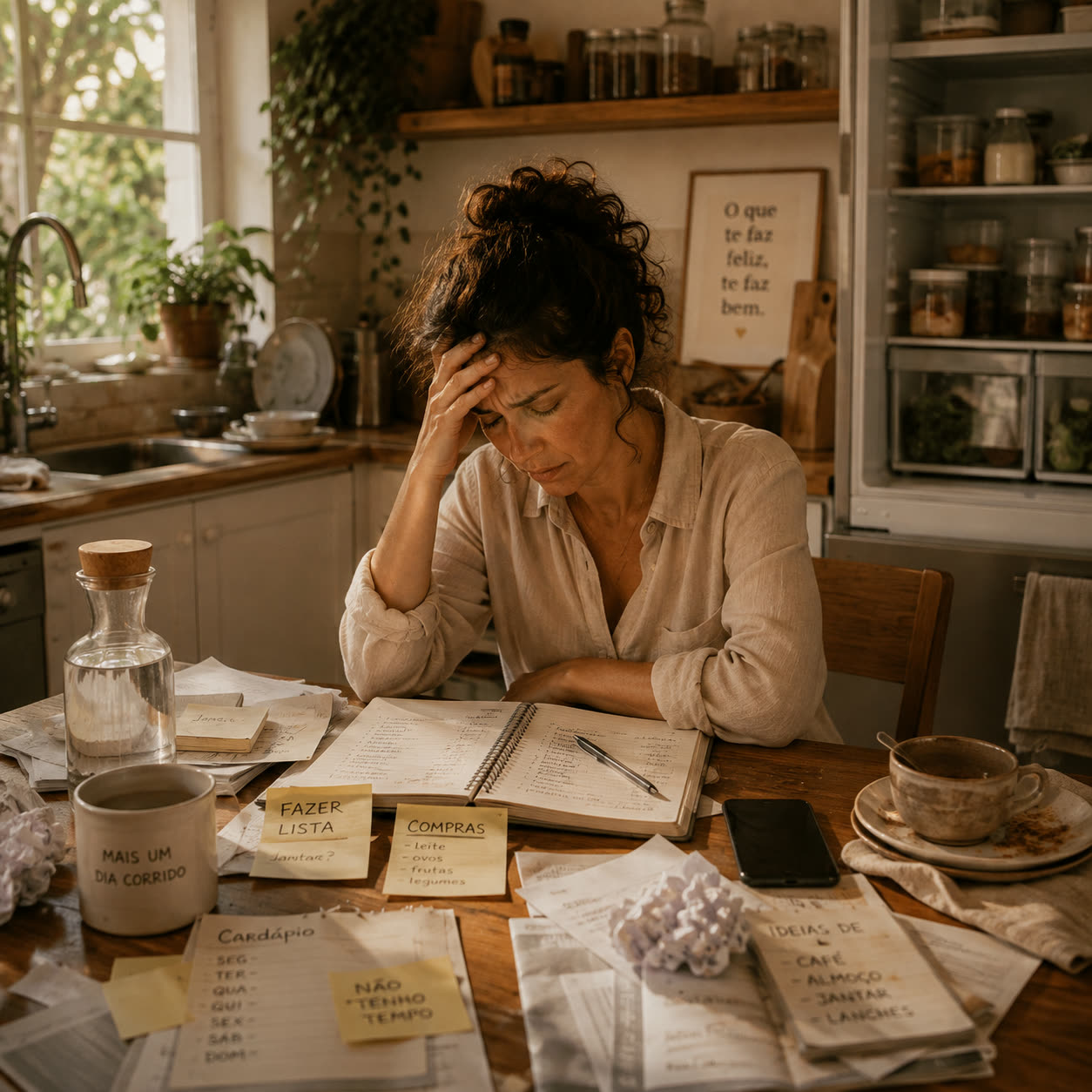 Mulher exausta na cozinha com listas, cadernos e post-its
